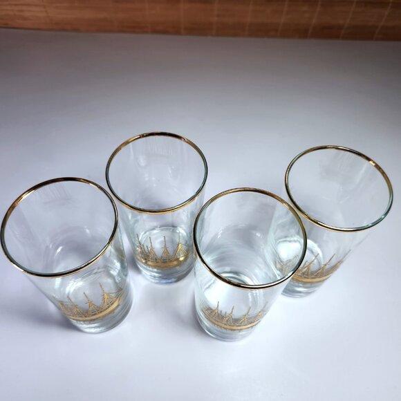 Vintage Schooner Ship Highball Glasses Gold Embossed Mid Century Barware - Picture 6 of 11